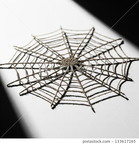 Detailed Golden Spiderweb on White Surface with Dramatic Shadow Overlay 133617165