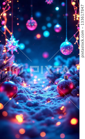 Vibrant winter wonderland with colorful ornaments and snowy pines 133617847