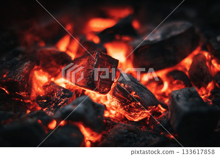 Burning red charcoal and flames Burning red charcoal and flames 133617858
