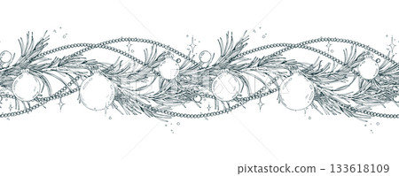 A seamless border pattern of pine branches with balls and beads, and a floral garland. A hand-drawn monochrome line art graphic illustration with pen and ink. Christmas, winter, and New Year s decor. A seamless border pattern of pine branches with balls and beads, and a floral garland. A hand-drawn monochrome line art graphic illustration with pen and ink. Christmas, winter, and New Year s decor. 133618109