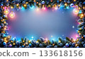 Festive border with colorful lights and evergreen branches for holiday celebration 133618156