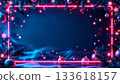 Festive neon Christmas frame with beautiful ornaments and fir branches 133618157