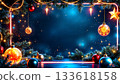 Festive Christmas background with ornaments and twinkling lights 133618158