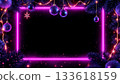 Neon pink Christmas frame with violet baubles and fir branches 133618159