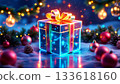 Festive holiday gift box with glowing lights and Christmas ornaments in a winter wonderland 133618160
