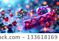 Glittering candy cane with festive ornaments and warm holiday lights 133618169