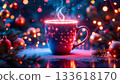 Festive mug with glowing stars and bokeh lights in winter holiday setting 133618170