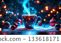 Glowing holiday mug in snow with festive ornaments and magical lights 133618171