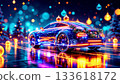 Futuristic neon sports car adorned with Christmas decor in festive wonderland 133618172