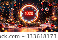 Festive holiday clock display surrounded by colorful ornaments and pine branches at night 133618173