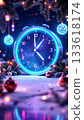Neon blue alarm clock with Christmas ornaments in festive holiday scene 133618174