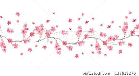 Seamless border of blooming sakura. Watercolor handmade illustration. For fabric, wallpaper, greeting cards, design, decoration and illustration. 133618270