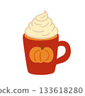 Pumpkin Spice Latte topped with whipped cream. Autumn coffee in red rustic mug. Cozy home atmosphere, lagom and relaxation. Hand drawn flat vector illustration 133618280