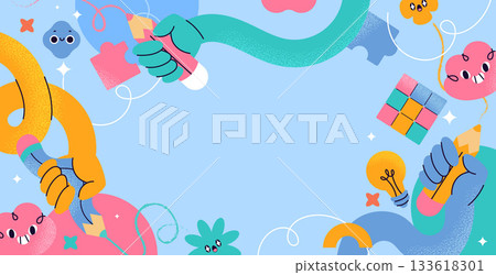 Bright abstract background with playful icons and shapes flat cartoon 133618301