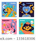 Set of greeting card style panels with playful kids icons and puzzle pieces flat cartoon 133618306