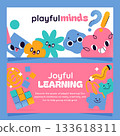 Dual horizontal banner pair with playful characters and typography flat cartoon 133618311