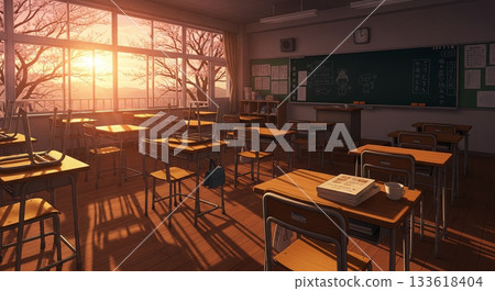 夕陽灑進一間空蕩蕩的教室。 133618404