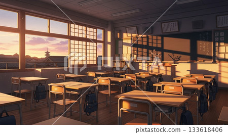 夕陽灑進一間空蕩蕩的教室。 133618406