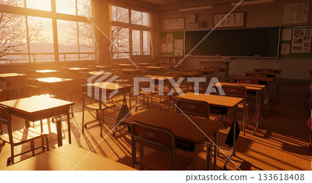 夕陽灑進一間空蕩蕩的教室。 133618408