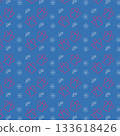Christmas gift pattern, snowflake, angel, pine branch, spruce branch, festive wrapping presents background, winter holiday decoration design. Vector illustration 133618426