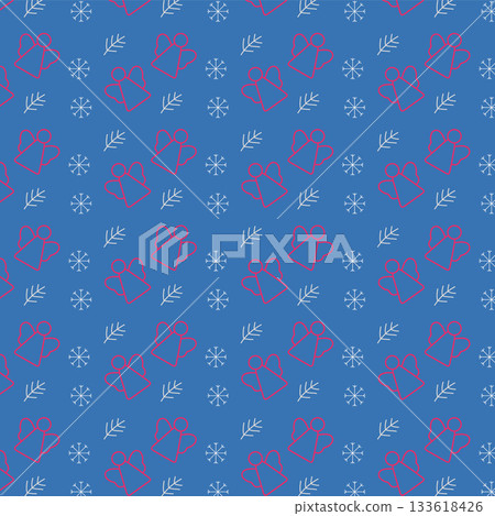 Christmas gift pattern, snowflake, angel, pine branch, spruce branch, festive wrapping presents background, winter holiday decoration design. Vector illustration Christmas gift pattern, snowflake, angel, pine branch, spruce branch, festive wrapping presents background, winter holiday decoration design. Vector illustration 133618426
