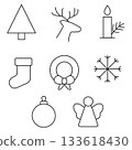 Christmas Line Art Icon Set, Minimal Holiday Outline Symbols, Tree, Reindeer, Wreath, Candle, Snowflake, Angel, Bauble, Stocking. Vector illustration 133618430