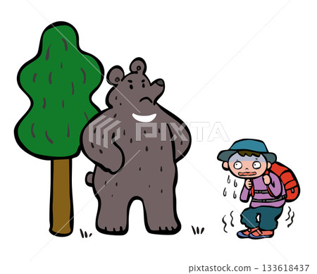 A bear stands in the way. Climbing the mountain. Territory. Bear. 133618437