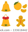 Christmas bell, orange and gingerbread set, festive New Year elements, cozy holiday illustration. Vector illustration 133618442