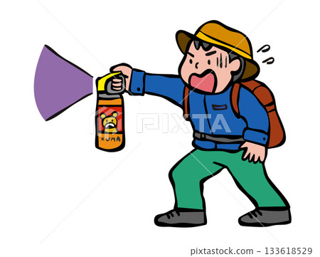 A person spraying bear repellent. A bear. A person spraying bear repellent. A bear. 133618529