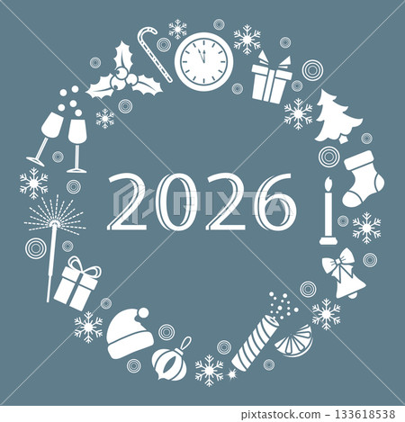 New Years 2026 festive wreath with holiday icons on a blue background New Years 2026 festive wreath with holiday icons on a blue background 133618538