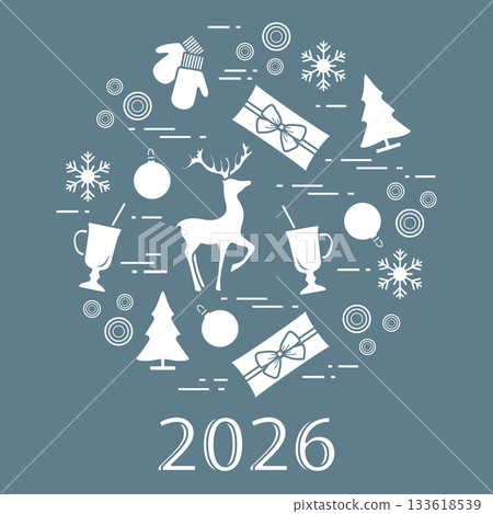 Christmas themed holiday illustration with reindeer, gifts, decorations on blue background Christmas themed holiday illustration with reindeer, gifts, decorations on blue background 133618539