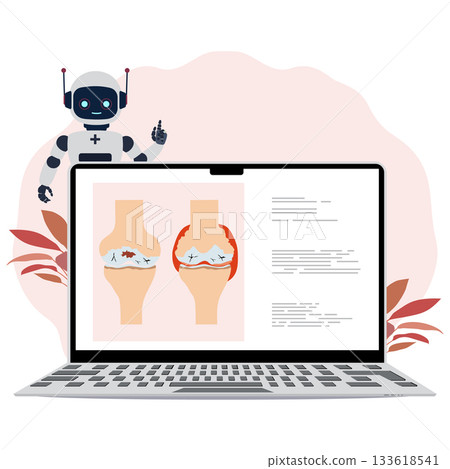Robot examining diagram of knee joint health on laptop screen for medical analysis Robot examining diagram of knee joint health on laptop screen for medical analysis 133618541