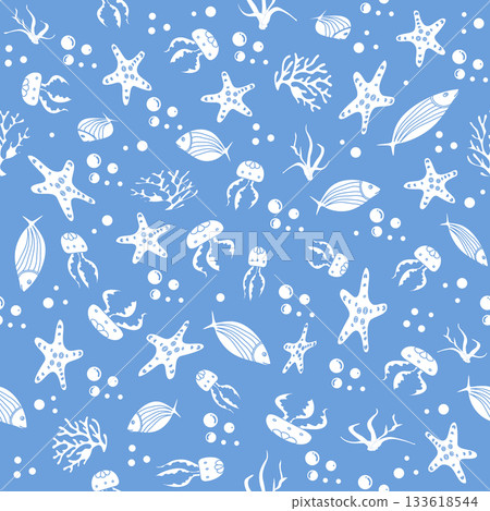 Marine life pattern with starfish, fish, and seaweed on a blue background for ocean-themed design 133618544