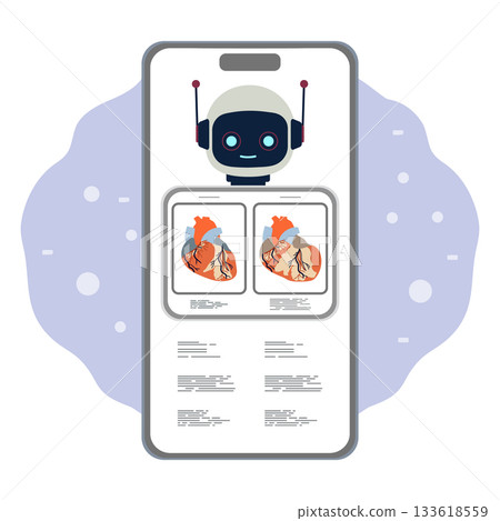 Robot on smartphone screen displaying heart diagram background for medical technology banner 133618559