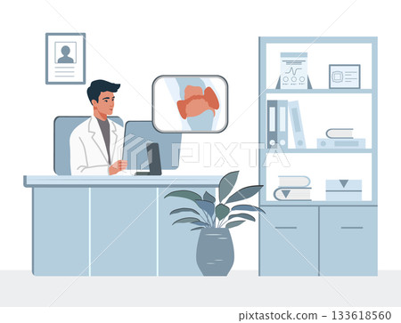 Doctor in an office with a thyroid gland image on screen, surrounded by books and plants Doctor in an office with a thyroid gland image on screen, surrounded by books and plants 133618560