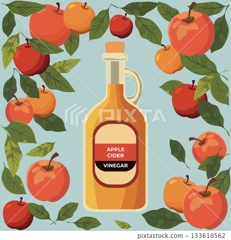 Apple cider vinegar bottle surrounded by apples and leaves on light blue background 133618562