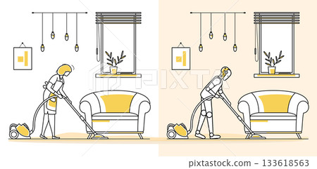 Human and robot vacuuming modern living room in minimalistic style, showcasing automation concept 133618563