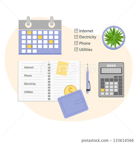 Monthly bill planning illustration featuring calendar, checklist, notebook, calculator, and wallet 133618566