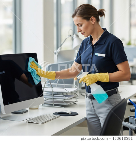 Professional cleaning service worker in uniform wiping desk and computer in a modern office Professional cleaning service worker in uniform wiping desk and computer in a modern office 133618591