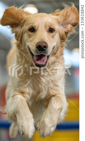 A golden retriever happily climbs a ramp in a dog-friendly gym. The space features various platforms and tunnels to support training and rehabilitation for pets 133618842