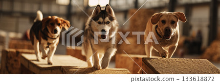 A husky, beagle, and Labrador are navigating agility obstacles together in a clean training hall. They are happily interacting, promoting fitness and bonding, banner 133618872