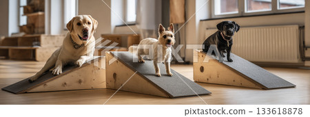Two Labradors and a small terrier play on ramps inside a dog training facility, enhancing their agility and mobility through exercise and interaction in a bright, spacious environment, banner Two Labradors and a small terrier play on ramps inside a dog training facility, enhancing their agility and mobility through exercise and interaction in a bright, spacious environment, banner 133618878