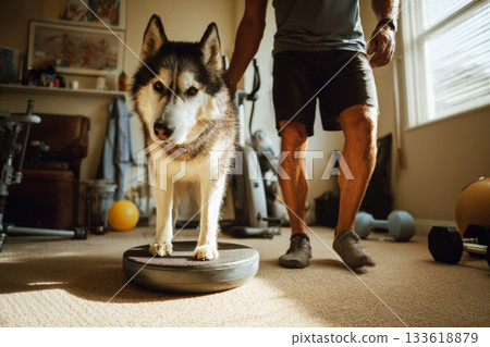 A man supports his husky as it balances on a disc in a tidy home gym. This activity enhances mobility and fosters a strong bond between pet and owner 133618879