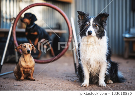 A border collie sits next to a dachshund, both curiously watching another dog jump through a hoop in a bright and airy dog gym dedicated to fitness and training 133618880