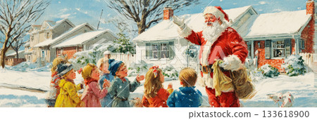 Santa Claus waves to a joyful group of children outside a cozy house in a snowy neighborhood, celebrating Christmas in the 1950s with festive cheer and colorful clothing, banner 133618900