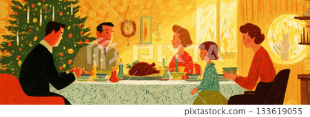 Families enjoy a classic Christmas dinner in a cozy room adorned with a tree, sharing laughter and delicious food during the 1950s and 1960s holiday celebration, banner Families enjoy a classic Christmas dinner in a cozy room adorned with a tree, sharing laughter and delicious food during the 1950s and 1960s holiday celebration, banner 133619055