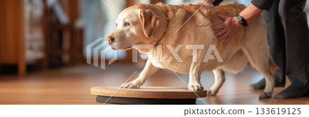 A senior Labrador stands on a wobble board, leaning slightly for balance, banner 133619125
