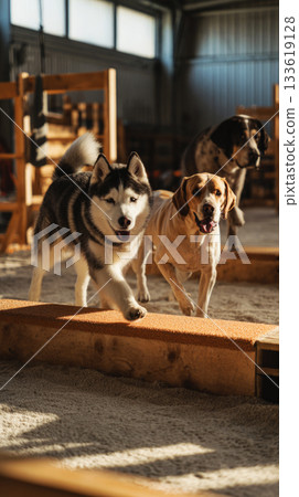 A husky, beagle, and Labrador are navigating agility obstacles together in a clean training hall. They are happily interacting, promoting fitness and bonding 133619128
