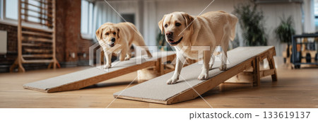 Two lively Labradors are balancing and playing on wooden ramps in a spacious dog training room. This area promotes fitness, mobility, and healthy interaction, banner 133619137