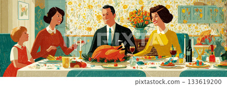 A joyful family enjoys a traditional Christmas dinner in a retro kitchen, banner 133619200